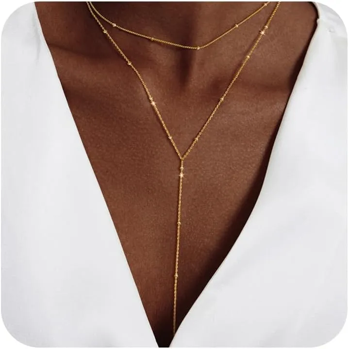 Gold Necklace for Women Trendy Lariat Y Necklace Dainty 14k Gold Plated/Silver Long Necklaces for Women Layered Beaded Drop Necklaces Simple Y-Shaped Chain Jewelry Gifts