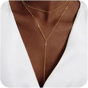Gold Necklace for Women Trendy Lariat Y Necklace Dainty 14k Gold Plated/Silver Long Necklaces for Women Layered Beaded Drop Necklaces Simple Y-Shaped Chain Jewelry Gifts