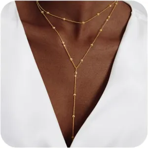Gold Necklace for Women Trendy Lariat Y Necklace Dainty 14k Gold Plated/Silver Long Necklaces for Women Layered Beaded Drop Necklaces Simple Y-Shaped Chain Jewelry Gifts