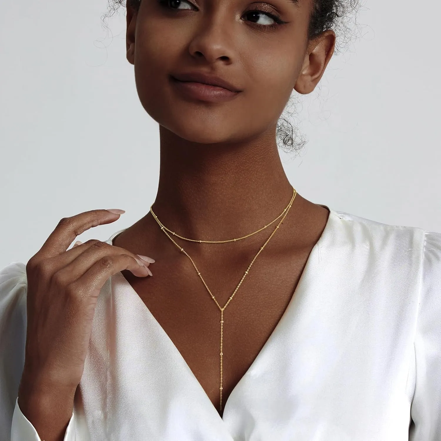 Gold Necklace for Women Trendy Lariat Y Necklace Dainty 14k Gold Plated/Silver Long Necklaces for Women Layered Beaded Drop Necklaces Simple Y-Shaped Chain Jewelry Gifts