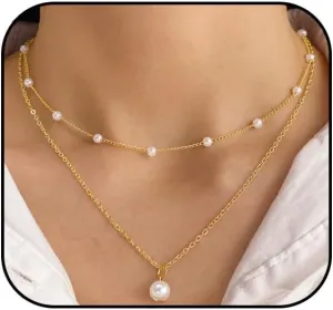 Gold Pearl Necklace for Women 14K Gold Layered Pearl Necklace Dainty Elegant Pearl Thin Chain Necklace for Women Prom Jewelry