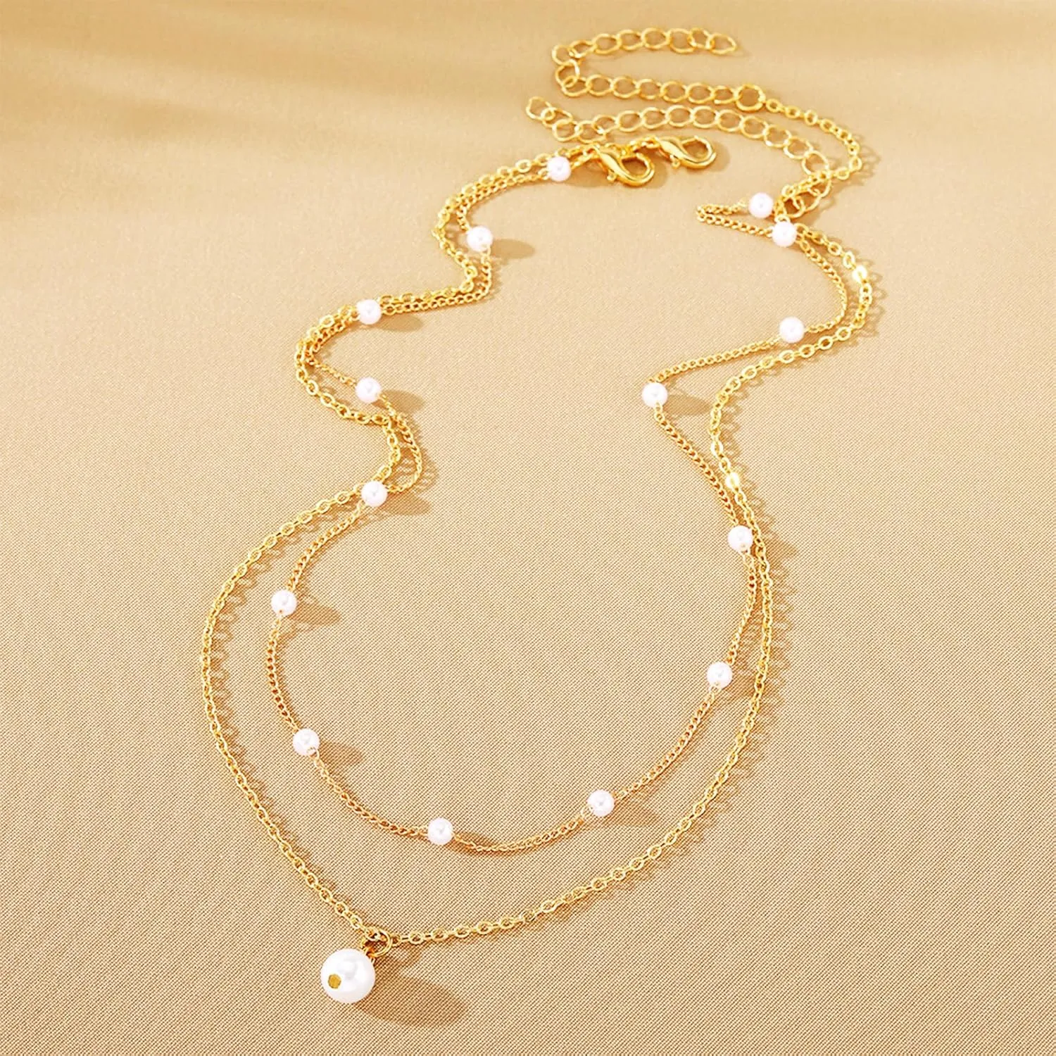 Gold Pearl Necklace for Women 14K Gold Layered Pearl Necklace Dainty Elegant Pearl Thin Chain Necklace for Women Prom Jewelry