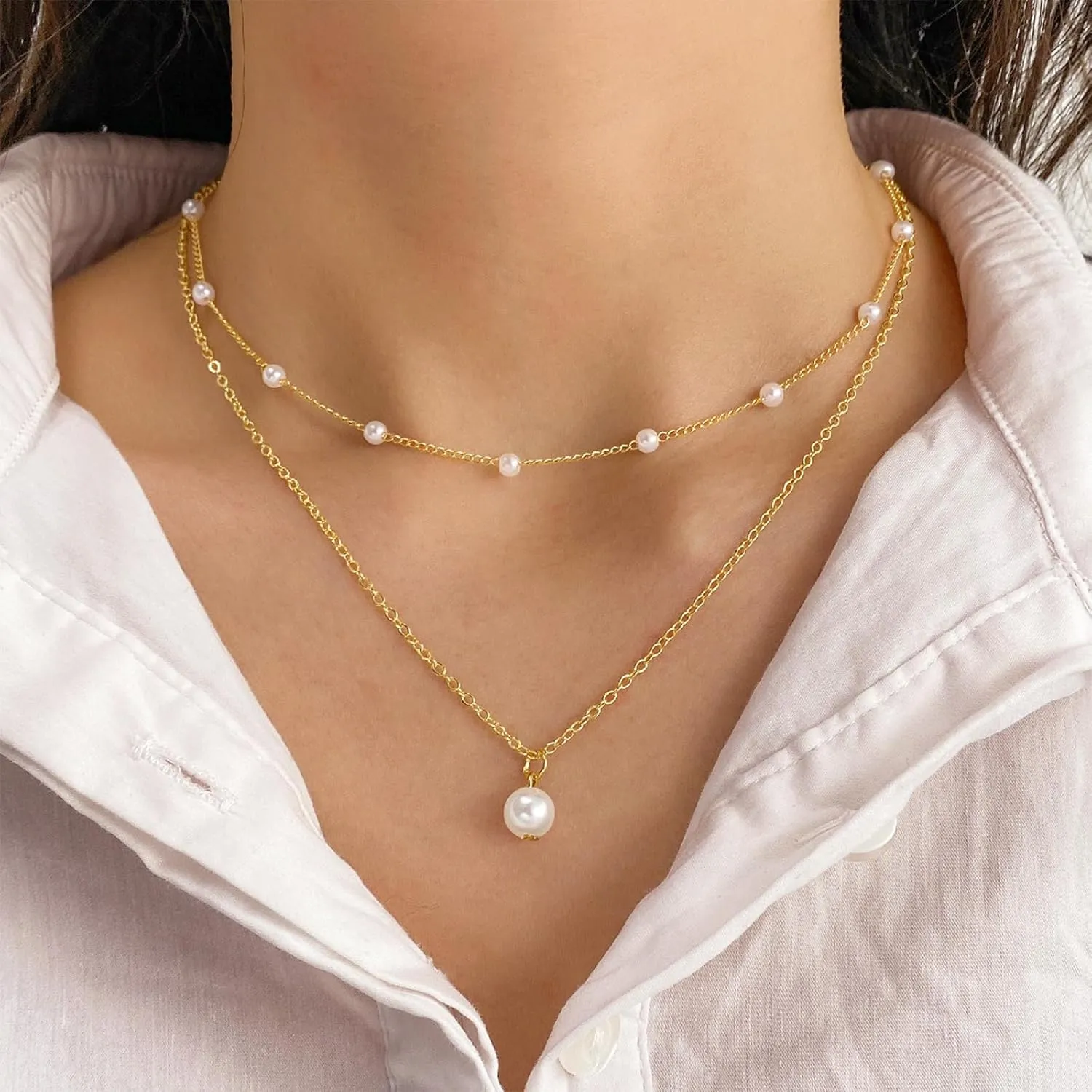 Gold Pearl Necklace for Women 14K Gold Layered Pearl Necklace Dainty Elegant Pearl Thin Chain Necklace for Women Prom Jewelry