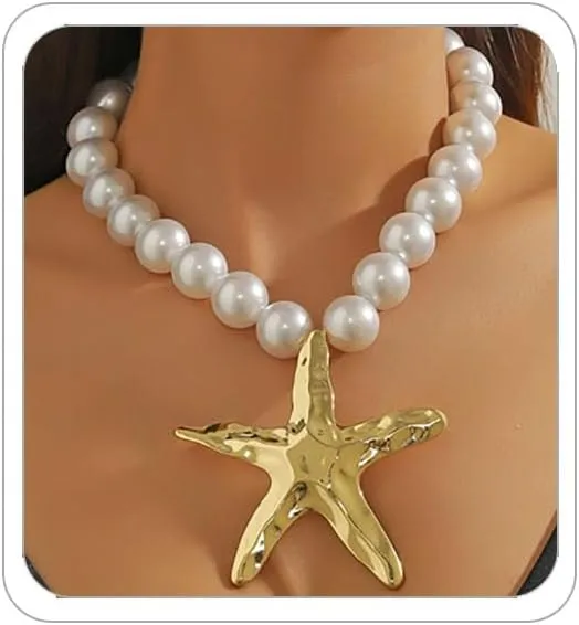 Gold Starfish Necklaces for Women Bohemian Mermaid Necklaces Summer Ocean Seashell Charm Necklace Hawaiian Surf Beach Jewelry