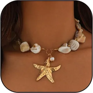 Gold Starfish Pendant Necklace for Women Shell Choker Necklace Pearl Seashell Conch Necklace Boho Summer Beach Surfer Jewelry Gifts