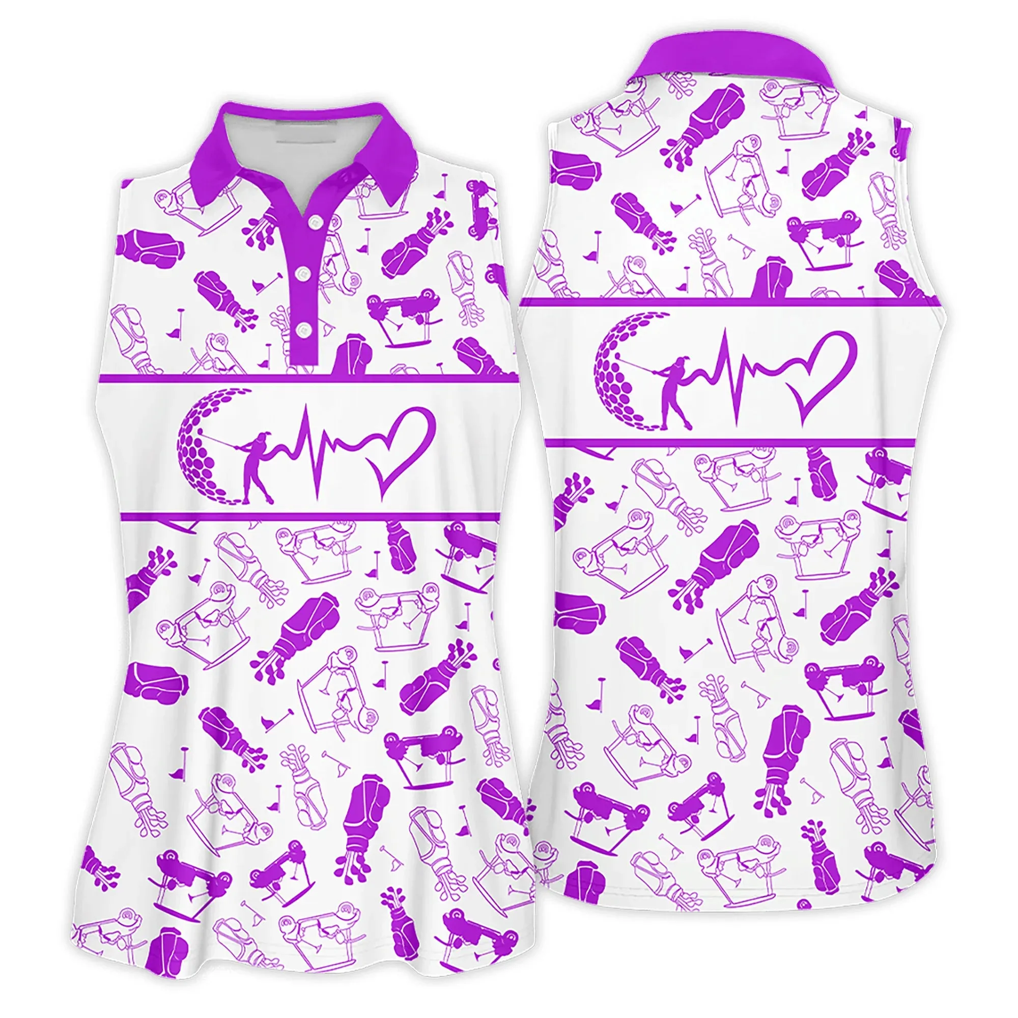 Golf Women Sleeveless Athleisure Polo Shirt, Heartbeat Golf Clubs Funny Golf Symbol Multicolor - Gift For Golfers, Female, Golf Lovers, Mother's Day