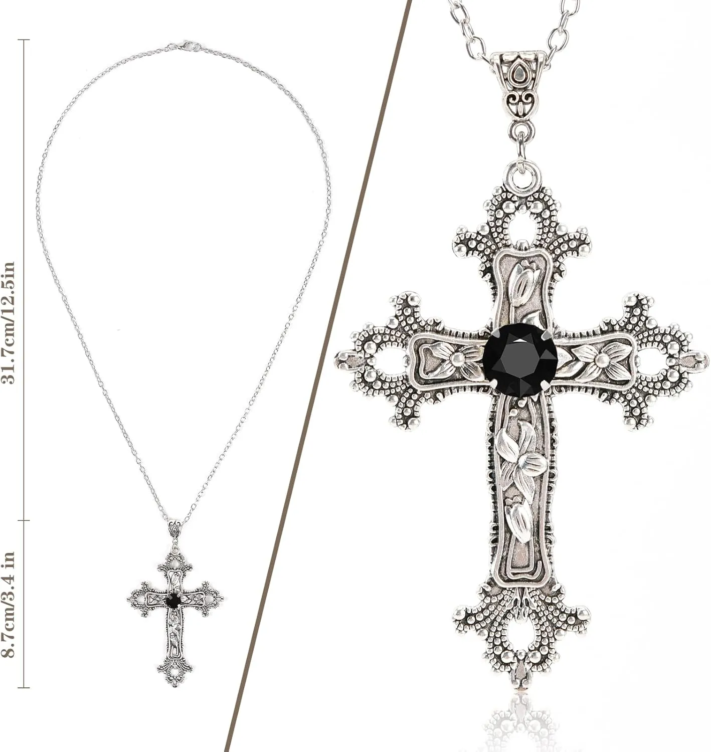 Gothic Cross Necklace Silver-Tone Pendant with Glass Stone, on 25 Steel Chain, Cross Necklace for Women, Large Goth Silver Cross Necklaces for Man, Big y2k Necklaces, Halloween Jewelry