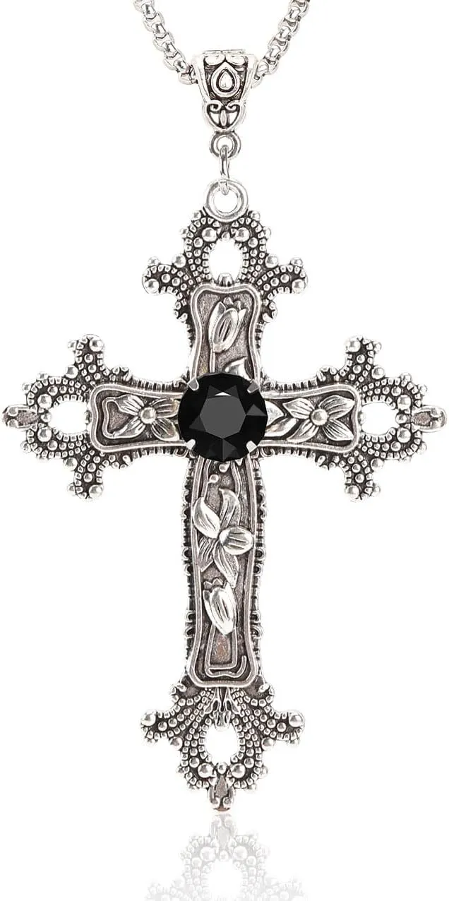 Gothic Cross Necklace Silver-Tone Pendant with Glass Stone, on 25 Steel Chain, Cross Necklace for Women, Large Goth Silver Cross Necklaces for Man, Big y2k Necklaces, Halloween Jewelry