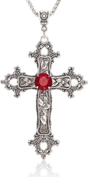 Gothic Cross Necklace Silver-Tone Pendant with Glass Stone, on 25 Steel Chain, Cross Necklace for Women, Large Goth Silver Cross Necklaces for Man, Big y2k Necklaces, Halloween Jewelry
