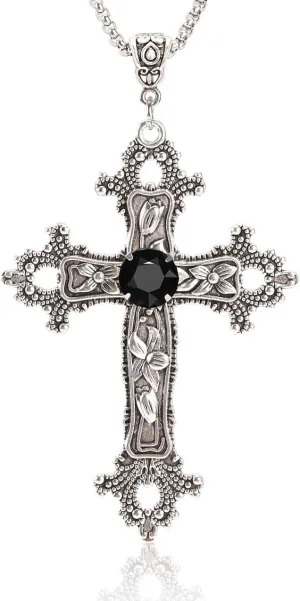 Gothic Cross Necklace Silver-Tone Pendant with Glass Stone, on 25 Steel Chain, Cross Necklace for Women, Large Goth Silver Cross Necklaces for Man, Big y2k Necklaces, Halloween Jewelry