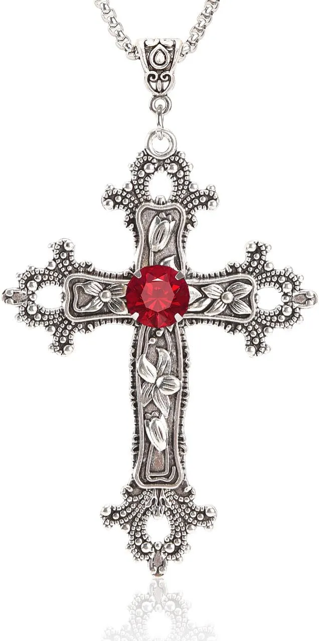 Gothic Cross Necklace Silver-Tone Pendant with Glass Stone, on 25 Steel Chain, Cross Necklace for Women, Large Goth Silver Cross Necklaces for Man, Big y2k Necklaces, Halloween Jewelry