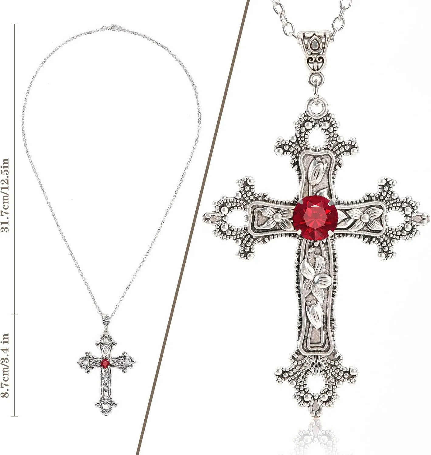 Gothic Cross Necklace Silver-Tone Pendant with Glass Stone, on 25 Steel Chain, Cross Necklace for Women, Large Goth Silver Cross Necklaces for Man, Big y2k Necklaces, Halloween Jewelry