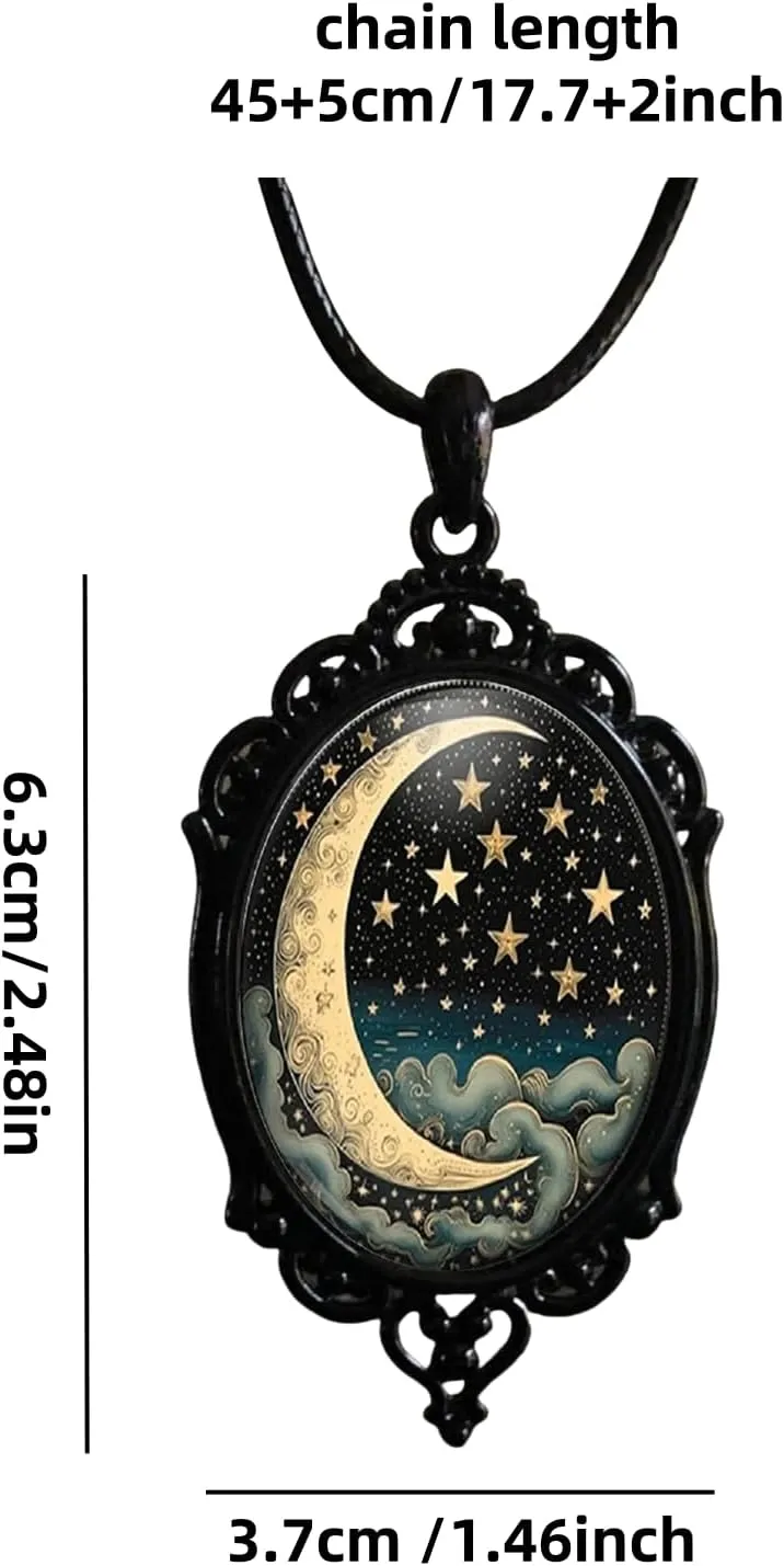 Gothic Rose Glass Necklace for Women Bat Pendant Necklace Rope Chain Black Cat Necklaces Sun and Moon Choker Dark Punk Style Cameo Necklaces Set Halloween Witch Jewelry