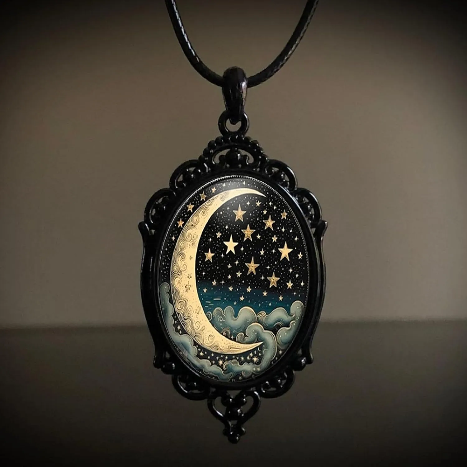 Gothic Rose Glass Necklace for Women Bat Pendant Necklace Rope Chain Black Cat Necklaces Sun and Moon Choker Dark Punk Style Cameo Necklaces Set Halloween Witch Jewelry