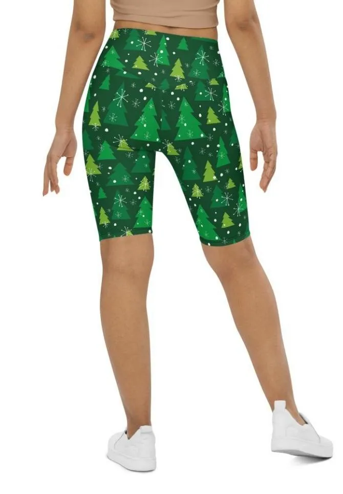 Green Forest Christmas Biker Shorts