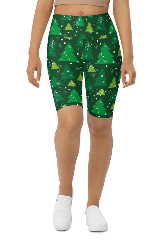 Green Forest Christmas Biker Shorts