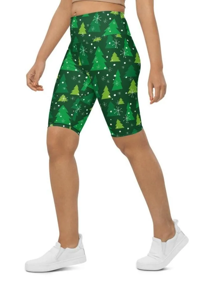 Green Forest Christmas Biker Shorts