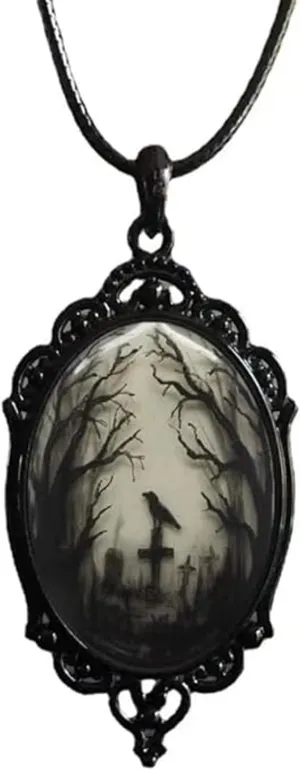 Halloween Necklace for Women Gothic Witch Bat Raven Glass Pendant Necklace Vintage Goth Rope Chain Raven Bat Choker Dark Punk Style Necklaces Victoria Emboss Necklaces Mystic Witch Jewelry Accessories