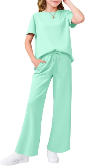 Haloumoning Girls 2 Piece Outfits Kids Fashion Short Sleeve T Shirts Wide Leg Pants Clothing Sets 5-14 Years