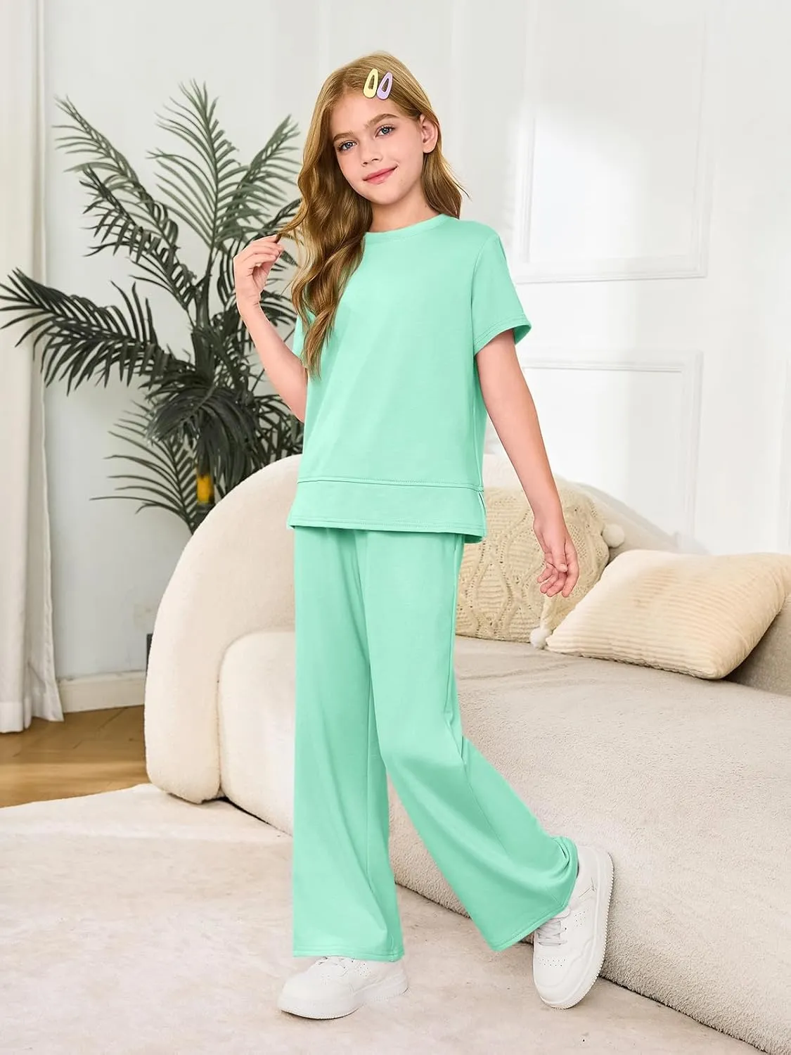 Haloumoning Girls 2 Piece Outfits Kids Fashion Short Sleeve T Shirts Wide Leg Pants Clothing Sets 5-14 Years