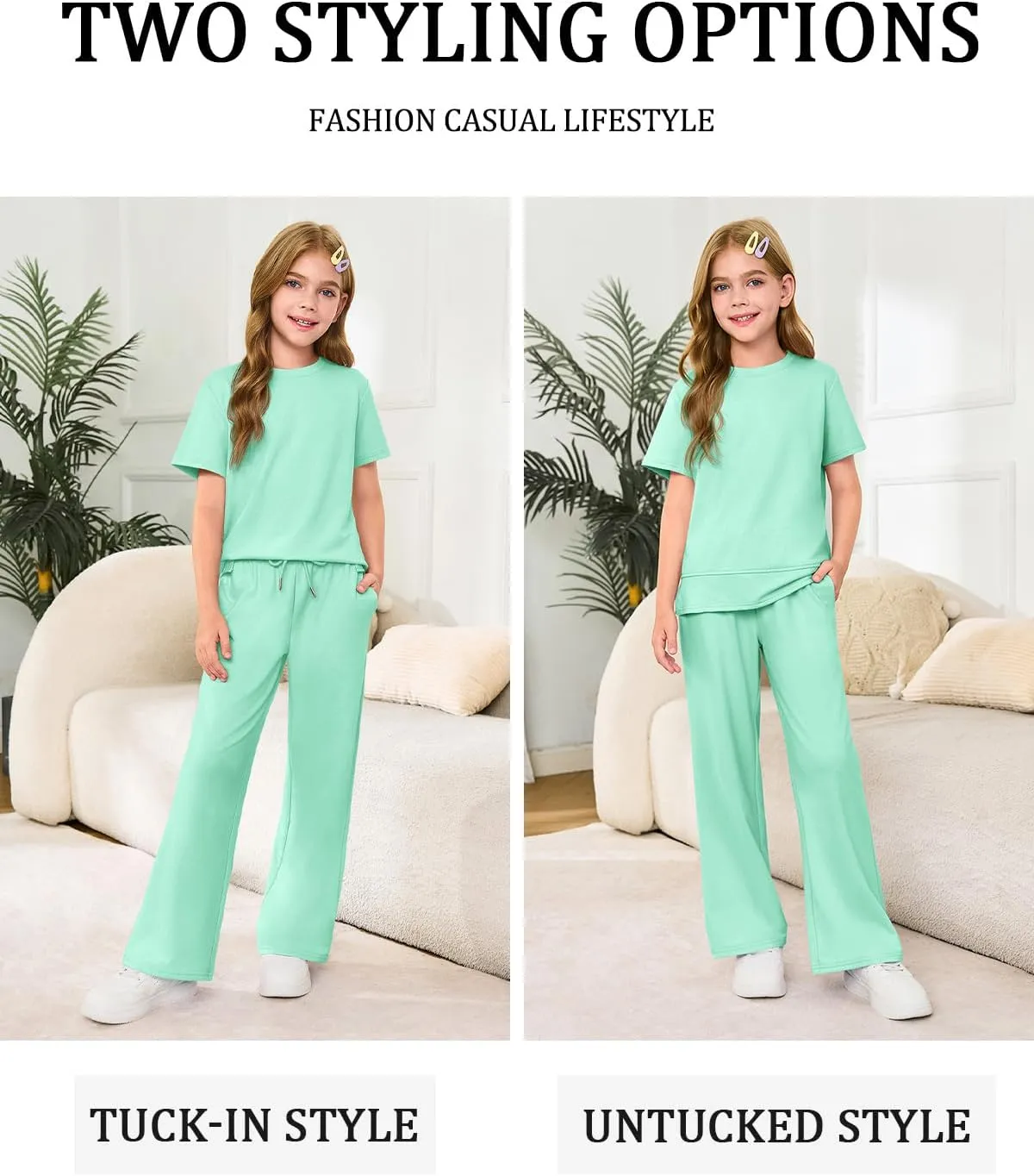 Haloumoning Girls 2 Piece Outfits Kids Fashion Short Sleeve T Shirts Wide Leg Pants Clothing Sets 5-14 Years