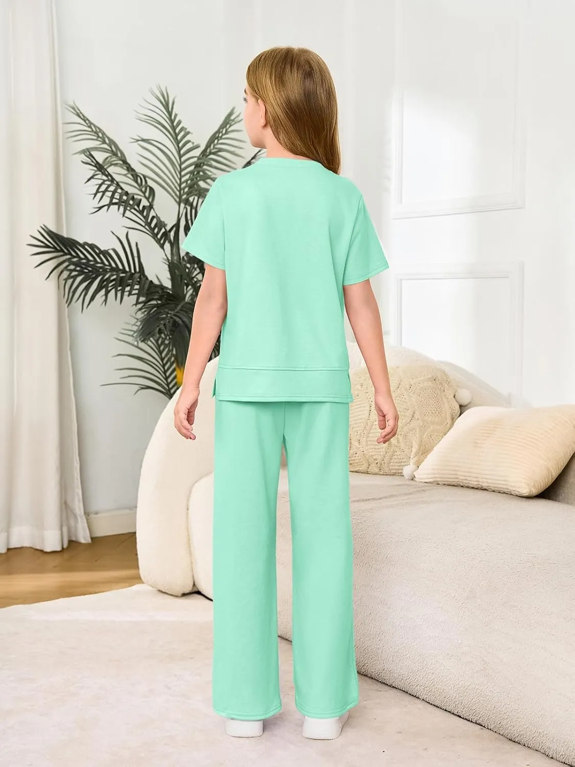 Haloumoning Girls 2 Piece Outfits Kids Fashion Short Sleeve T Shirts Wide Leg Pants Clothing Sets 5-14 Years