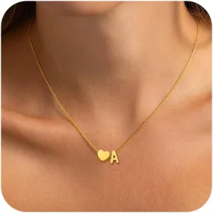 Heart Initial Necklaces for Women Girls, 18K Gold Plated A-Z Initial Necklace Tiny Heart Necklace Dainty Gold Initial Necklaces for Women Trendy Jewelry Gifts for Teen Girls