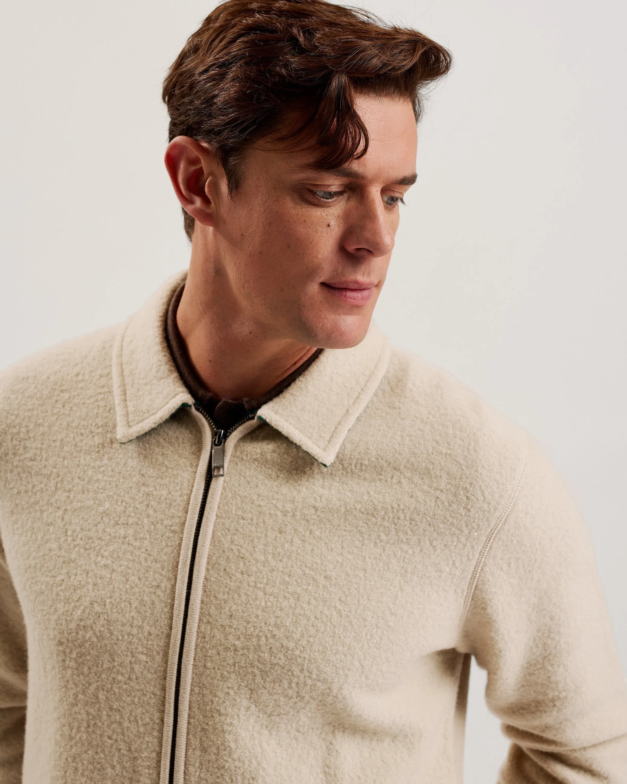 Herling Ls Boucle Wool Zip Through Taupe