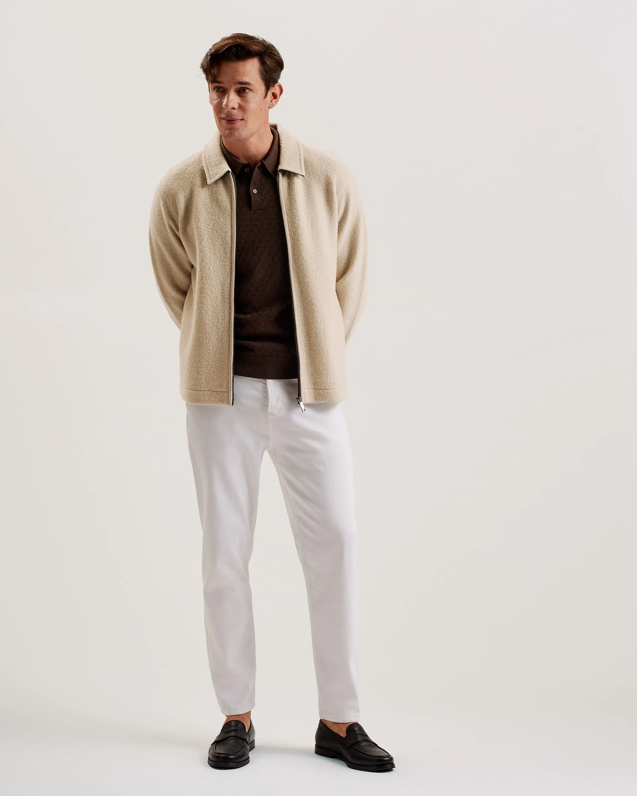 Herling Ls Boucle Wool Zip Through Taupe