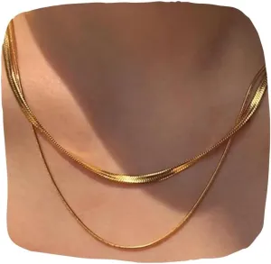 Herringbone, Snake Chain Necklace for Women  Double Layered Gold Necklaces, Dainty Layering Jewelry, Trendy 18K Gold Plated Gift for Her