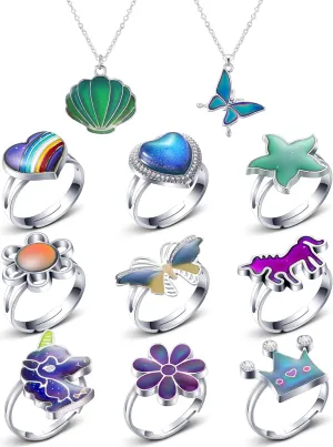 Hicarer 9 Pcs Mood Rings with 2 Mood Necklaces Color Change Ring Adjustable Size Rings Set for Women Men Costume Accessories Birthday Party Favors, Multi Types