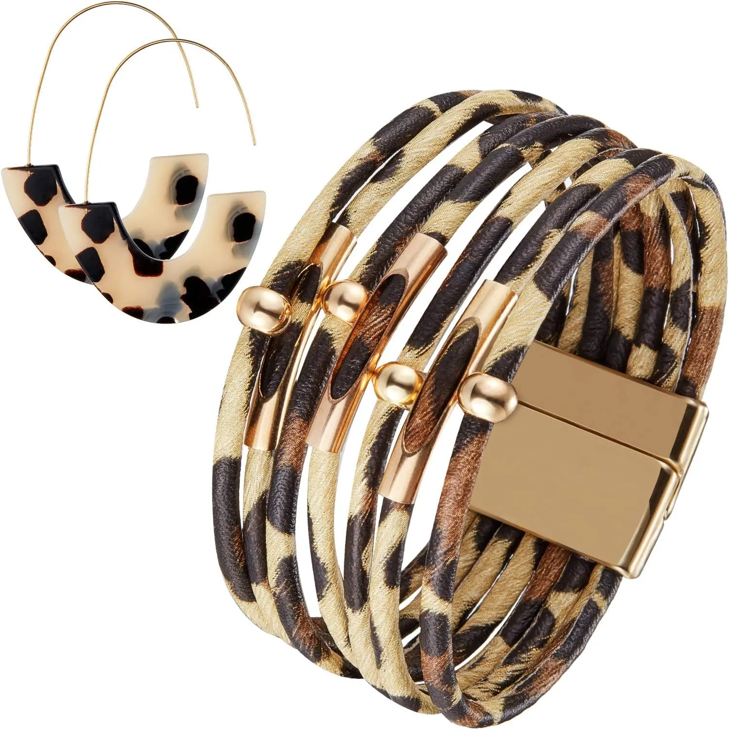 Hicarer Leopard Bracelets and Earrings Cheetah Jewelry Tortoise Shell Earrings Multilayer Leather Wrap Bracelets Large Wrists Boho Accessories