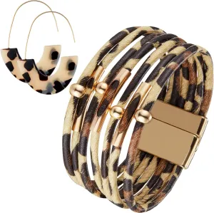 Hicarer Leopard Bracelets and Earrings Cheetah Jewelry Tortoise Shell Earrings Multilayer Leather Wrap Bracelets Large Wrists Boho Accessories