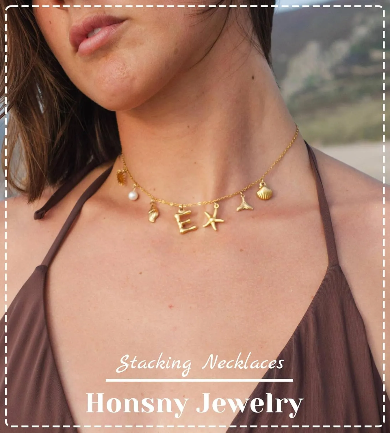 Honsny Initial Charm Necklace for Women Beach Shell Letter Necklace 14k Gold Plated Charms Pendant Summer Boho Pearl Seashell Starfish WaterProof Jewelry for Women Gifts
