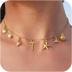 Honsny Initial Charm Necklace for Women Beach Shell Letter Necklace 14k Gold Plated Charms Pendant Summer Boho Pearl Seashell Starfish WaterProof Jewelry for Women Gifts