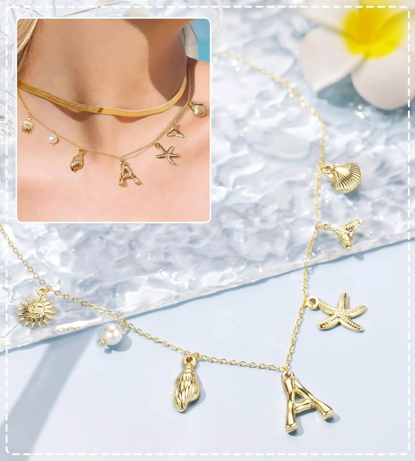Honsny Initial Charm Necklace for Women Beach Shell Letter Necklace 14k Gold Plated Charms Pendant Summer Boho Pearl Seashell Starfish WaterProof Jewelry for Women Gifts