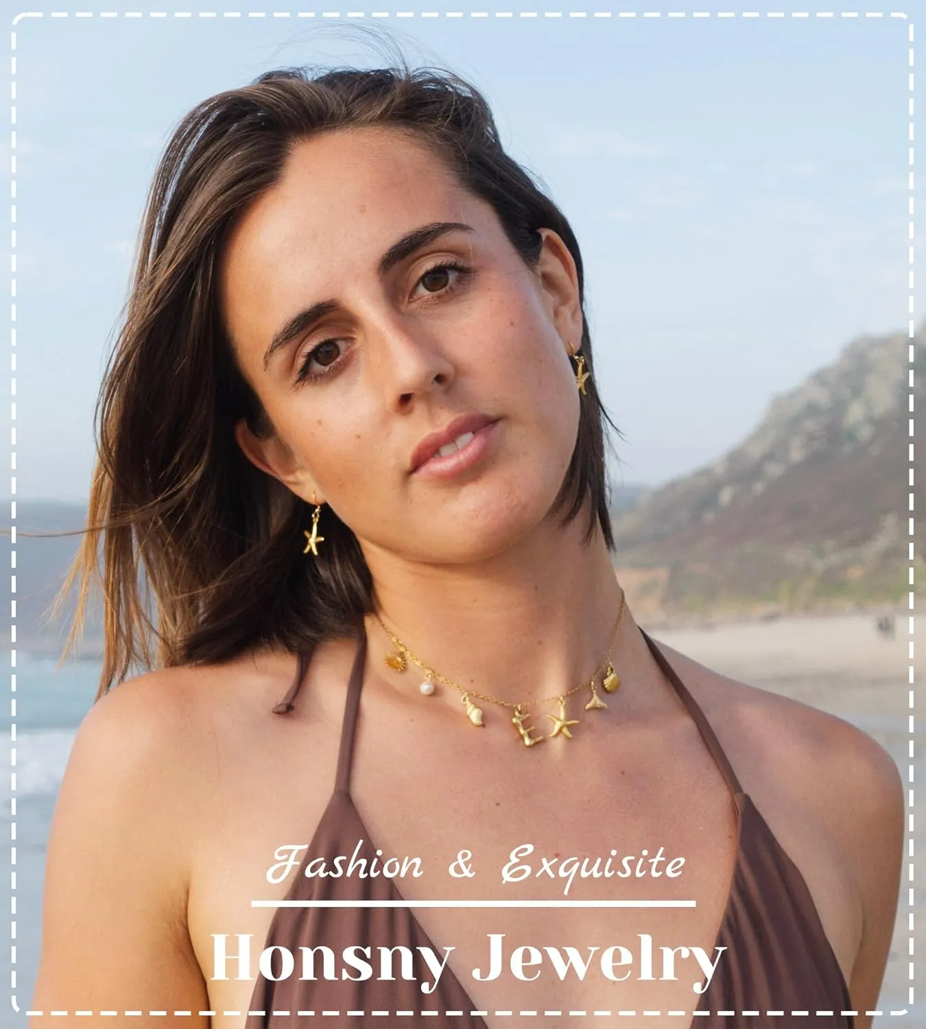 Honsny Initial Charm Necklace for Women Beach Shell Letter Necklace 14k Gold Plated Charms Pendant Summer Boho Pearl Seashell Starfish WaterProof Jewelry for Women Gifts