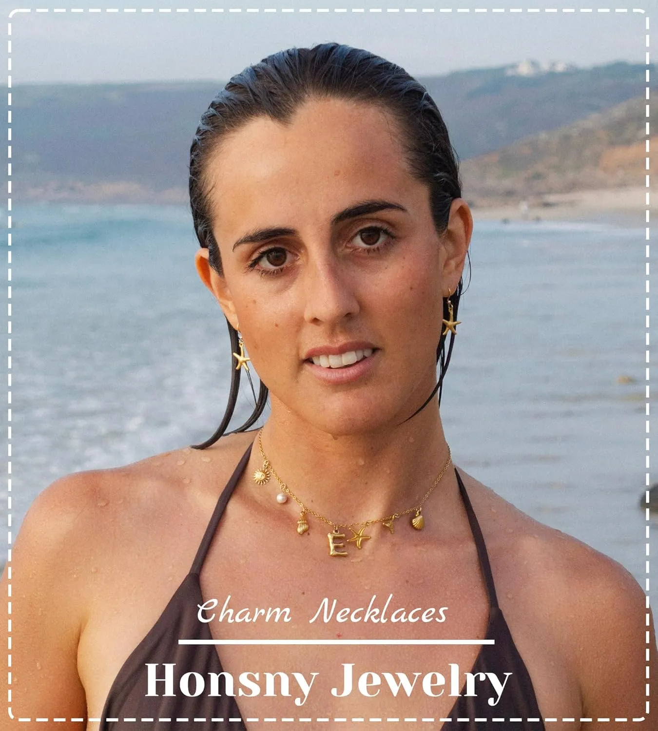 Honsny Initial Charm Necklace for Women Beach Shell Letter Necklace 14k Gold Plated Charms Pendant Summer Boho Pearl Seashell Starfish WaterProof Jewelry for Women Gifts