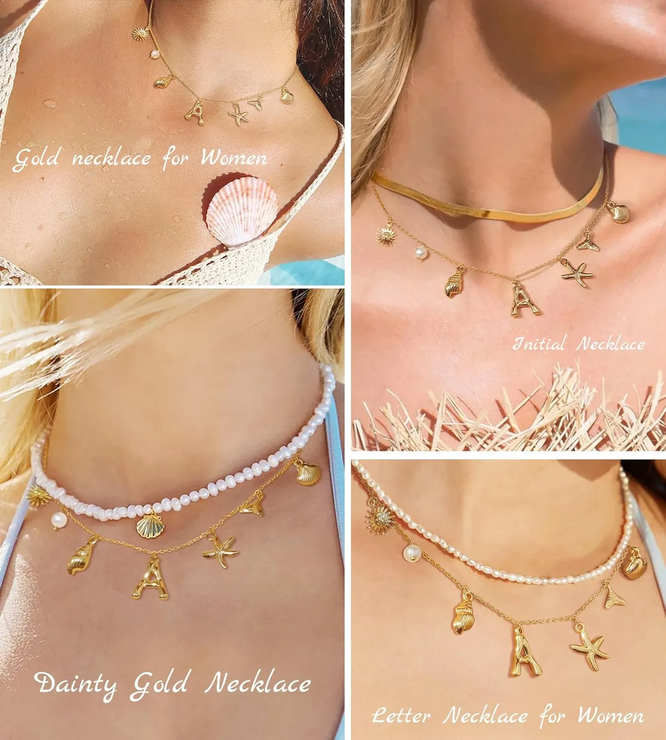 Honsny Initial Charm Necklace for Women Beach Shell Letter Necklace 14k Gold Plated Charms Pendant Summer Boho Pearl Seashell Starfish WaterProof Jewelry for Women Gifts