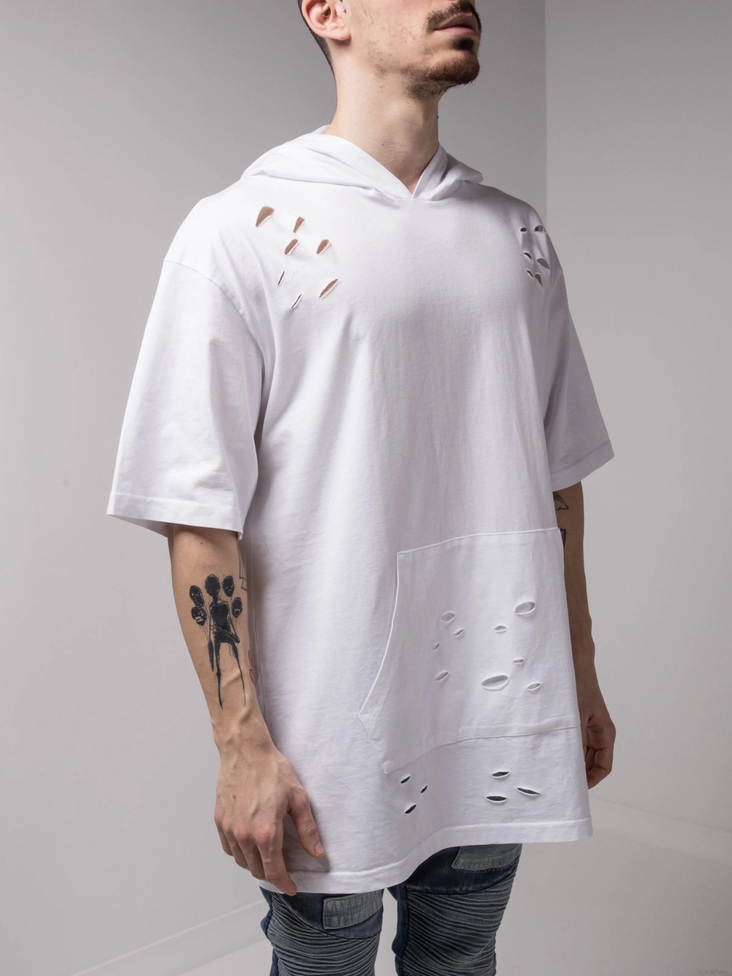 Hooded and Ripped White T-shirt with a Kangaroo Pocket