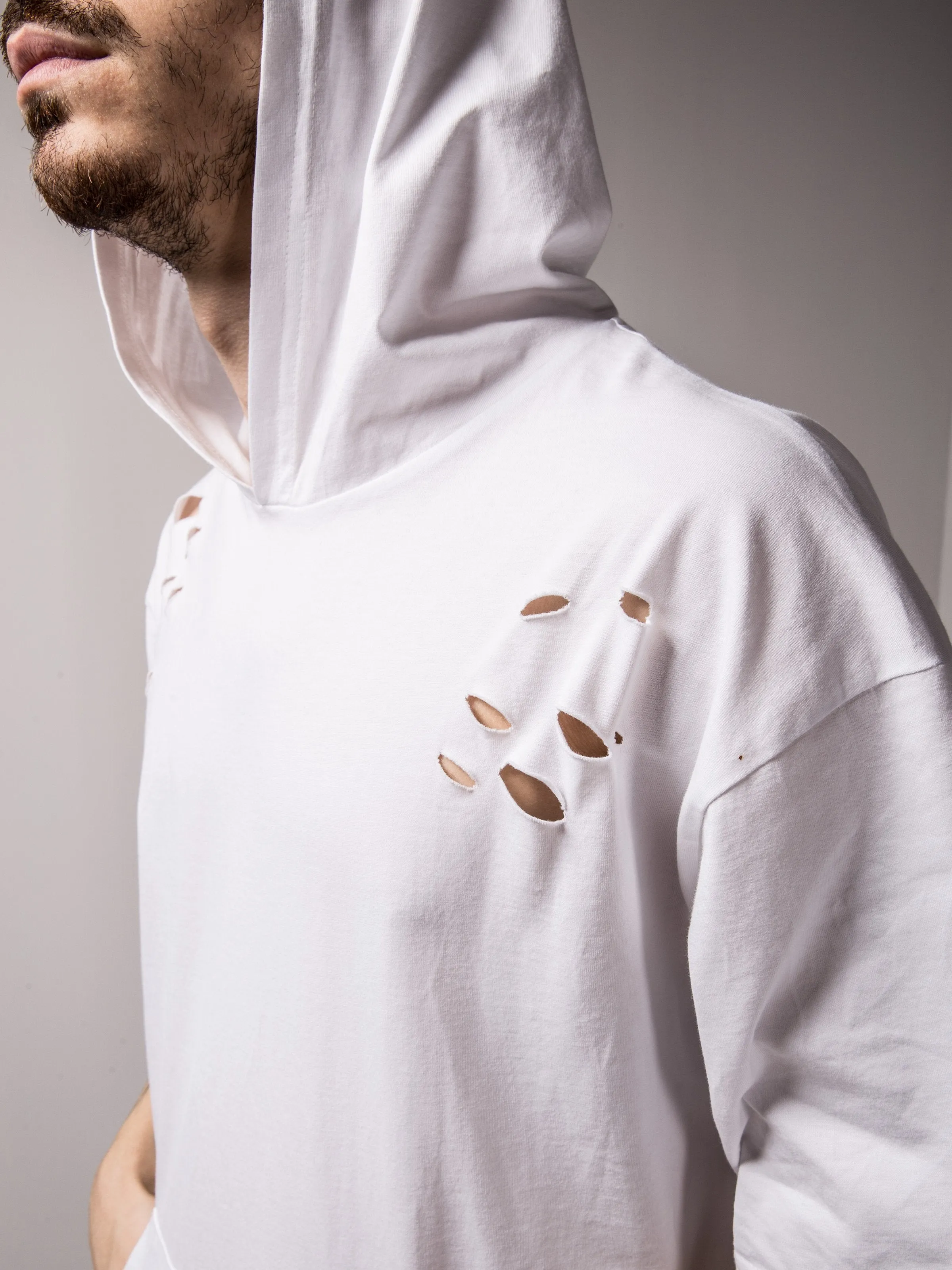 Hooded and Ripped White T-shirt with a Kangaroo Pocket