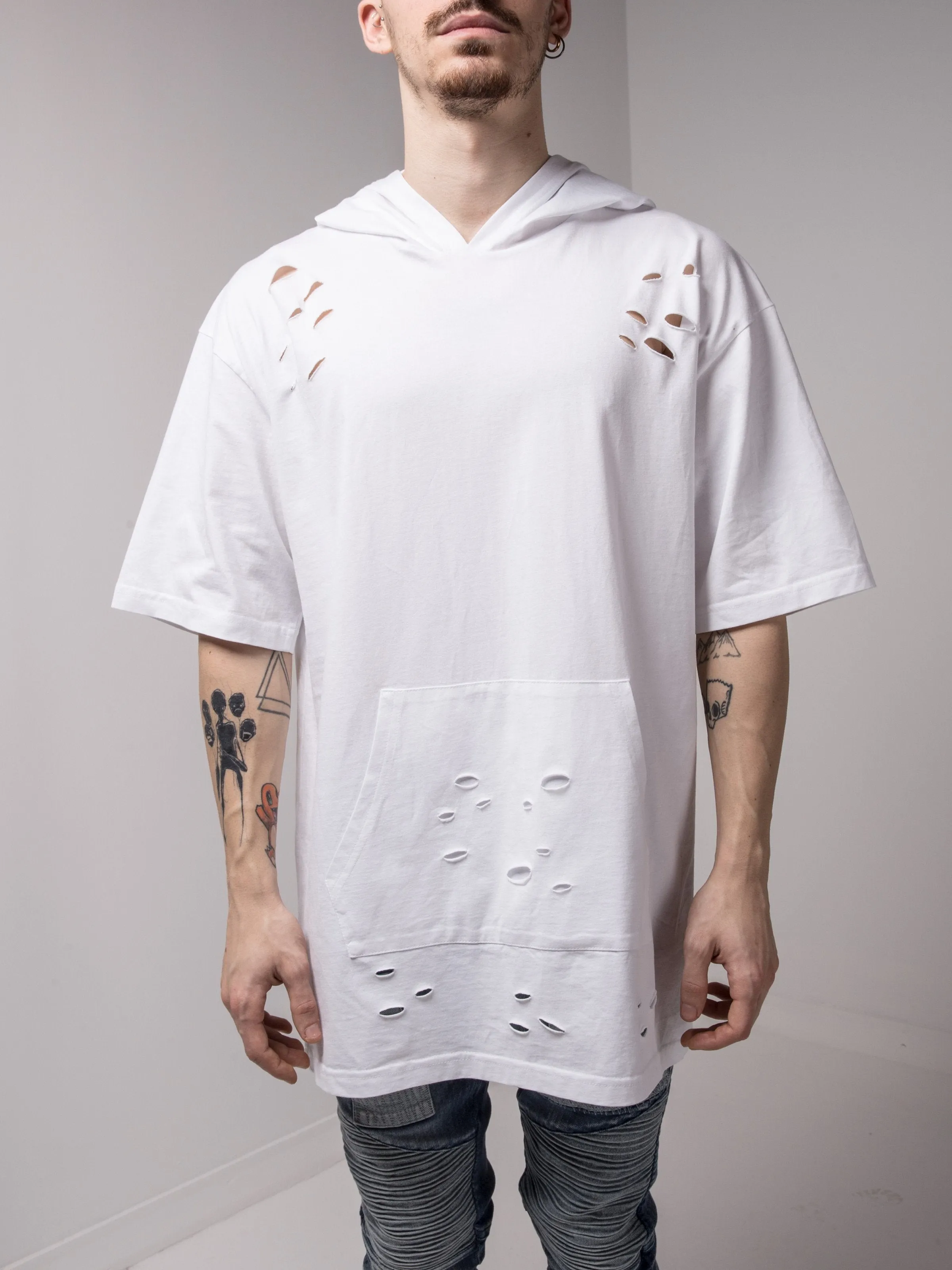 Hooded and Ripped White T-shirt with a Kangaroo Pocket