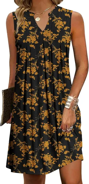 HOTOUCH Women's Casual Summer Dresses Floral A Line Dress for Women V Neck Sundresses with Pockets Sleeveless T-Shirt Dress Orange-Floral L
