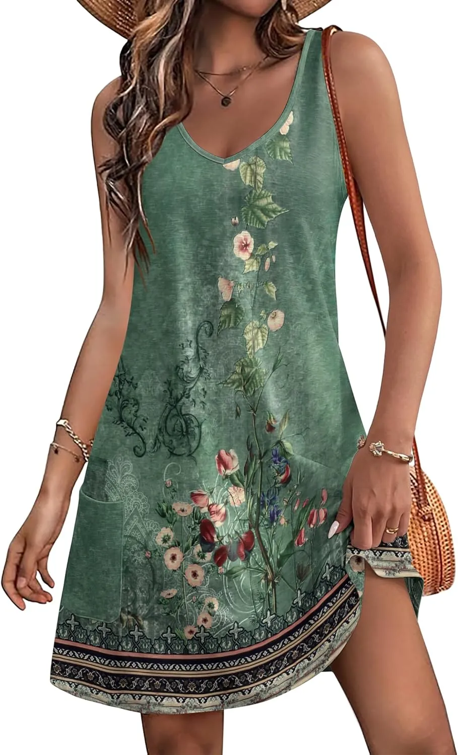 HOTOUCH Women's Casual Sundress with Pockets Summer Beach Dress Floral T-Shirts Dress V Neck Loose Tank Dresses