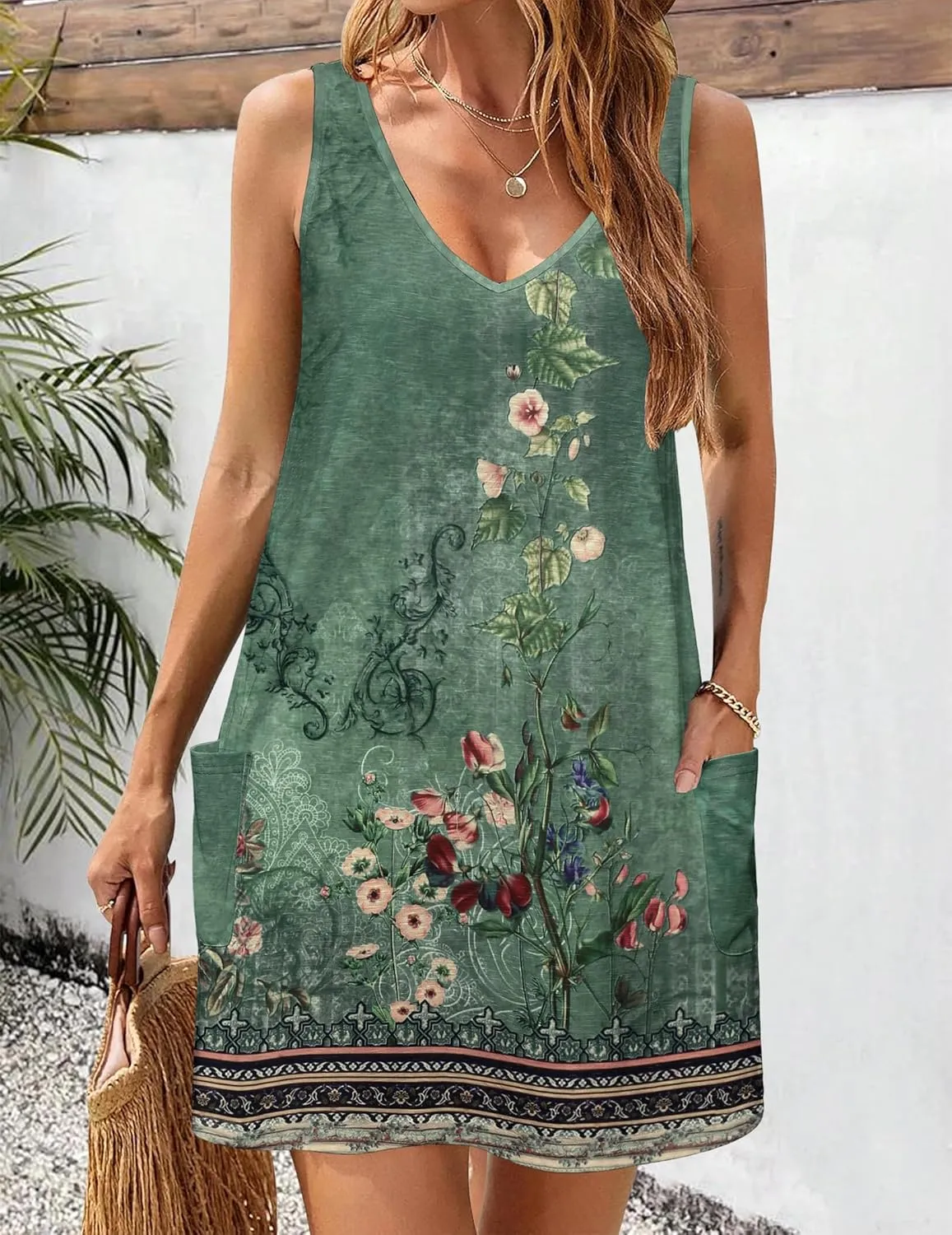 HOTOUCH Women's Casual Sundress with Pockets Summer Beach Dress Floral T-Shirts Dress V Neck Loose Tank Dresses