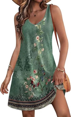 HOTOUCH Women's Casual Sundress with Pockets Summer Beach Dress Floral T-Shirts Dress V Neck Loose Tank Dresses