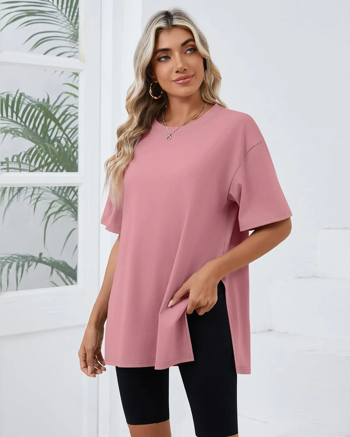 Huukeay 3 Pack Women's Oversized Gym T Shirts Cotton Short Sleeve Side Split Crewneck Tops Casual Workout Baggy Basic Tee