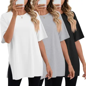 Huukeay 3 Pack Women's Oversized Gym T Shirts Cotton Short Sleeve Side Split Crewneck Tops Casual Workout Baggy Basic Tee