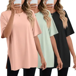 Huukeay 3 Pack Women's Oversized Gym T Shirts Cotton Short Sleeve Side Split Crewneck Tops Casual Workout Baggy Basic Tee