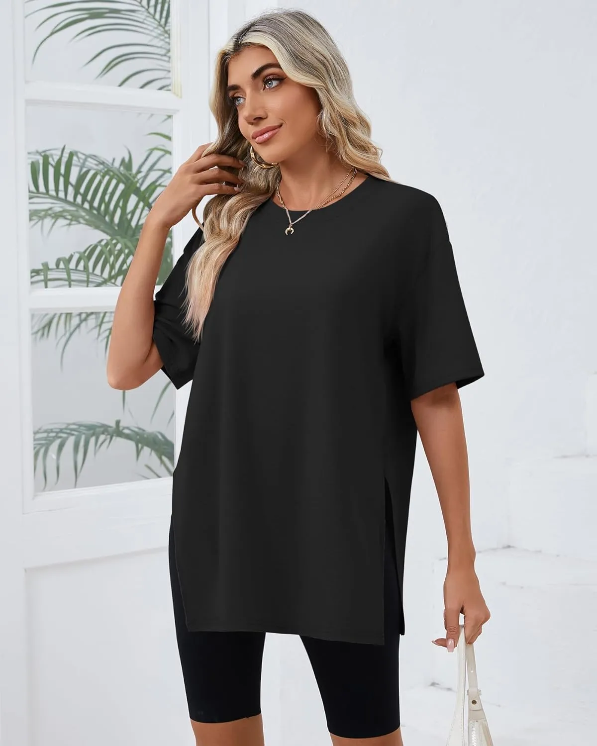 Huukeay 3 Pack Women's Oversized Gym T Shirts Cotton Short Sleeve Side Split Crewneck Tops Casual Workout Baggy Basic Tee